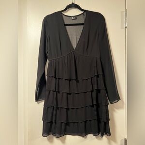 The Kooples Black Long-Sleeve V-Neck Tiered Pleated Dress